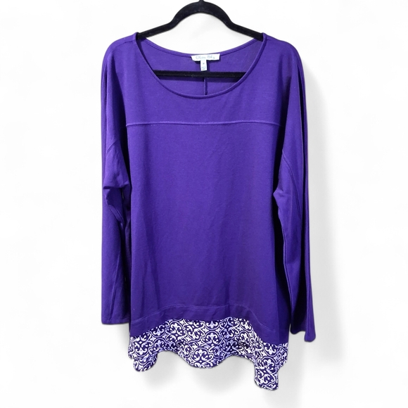 Olivia Sky Tops - Olivia Sky Purple Long Sleeve Top with Patterned Hem Womens Plus 2X